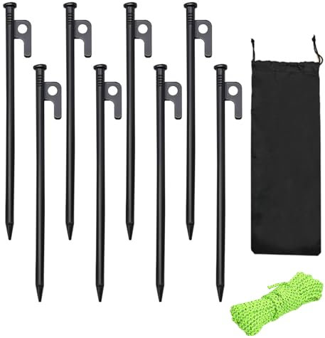 Hniuyun Tent Pegs, 8Pcs Heavy Duty Forged Steel Tent Stakes with Storage bag, Camping Pegs for in Gardening, Hiking, and Outdoor Tenting Activities (30cm)