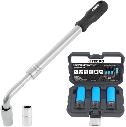 TECPO Teleskop Radmuttern Schlüssel Set mit Steckschlüssel-Einsatz 1/2 Zoll in 17/19mm und 21/23mm - mit 3X 17mm Schoneinsätze
