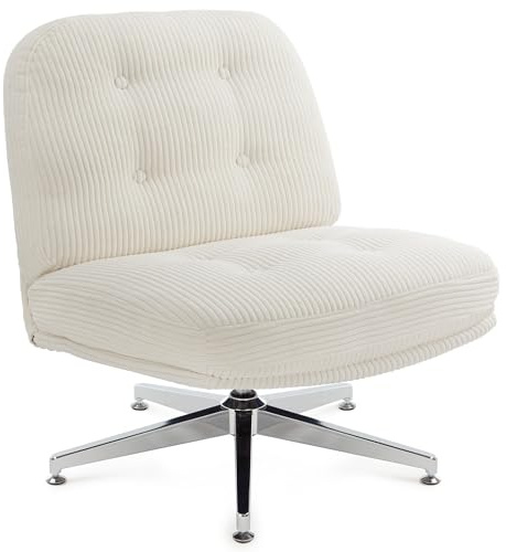 IWMH Bürostuhl ohne Armlehne, Sessel Wohnzimmer mit gekreuzten Beinen | Ergonomischer Drehstuhl mit Extra Stoff großes Kissen , Schreibtischstuhl für Heimbüro,Vanity,Schlafzimmer