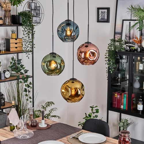 HOFSTEIN Hängeleuchte Ripoll, 4-flammige Hängelampe aus Metall/Glas in Schwarz/Blau/Grün/Gold/Kupfer, moderne Pendelleuchte im Retro/Vintage-Design (Schirme Ø 20 cm), E27, Esszimmer, Wohnzimmer, Küche