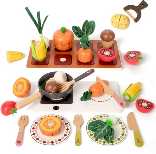 Timber Lulu Wooden Play Food Set - Toy Kitchen Accessories for Kids, Pretend Play Farm to Kitchen Cooking Games, Wooden Cutting Vegetable Kit, Role-Play Toy for Boys and Girls 2 3 4 5 Years Old