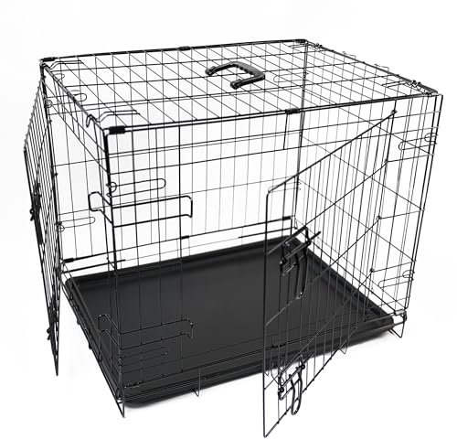 DIVCHI Dog Crate Heavy-Duty Folding Dog Cage for Medium Dogs, Chew-Resistant Metal Cage with Front & Side Doors, Removable Easy-Clean Plastic Tray & Carry Handle (Black, 76 x 48 x 54 cm)