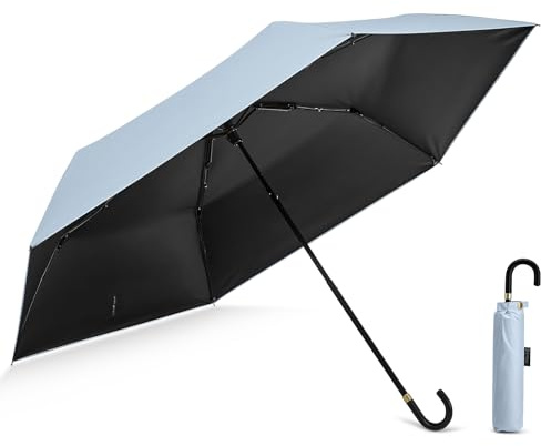 G4Free Mini Travel Umbrella UPF 50+ Ultralight Slim UV Protection Parasol, Windproof Compact Umbrella for Sun & Rain, Portable with J Hook Curved Handle Japanese Style for Women(Light Blue)