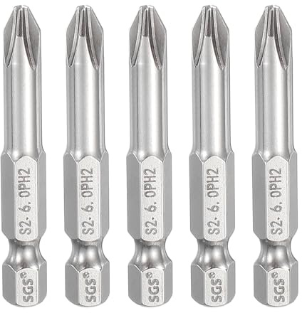 sourcing map Lot de 5 embouts de tournevis cruciformes PH2 à tige hexagonale de 50 mm de long avec tige magnétique cruciforme en acier S2 pour perceuses électriques, argenté