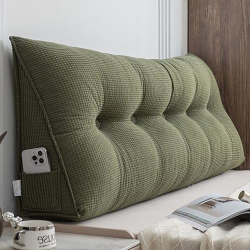 Rückenkissen Bett 140 cm Grün, Cozy Lesekissen für Bett und Sofa, Groß Keilkissen mit Abnehmbarem und Waschbarem Bezug, Praktischem Seitenfach, Rückenpolster für die Wand, Sitzkissen, Wandkissen