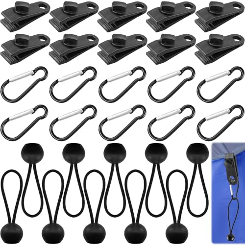 10 Set Clips Tenda Campeggio Set con Corde Elasticas & Moschettoni, Clip Teloni Fissaggio Robusto, Ganci Telo Giardino, Coperture Tende Roulotte, Accessorio Tarp per Piscine, Tettoie