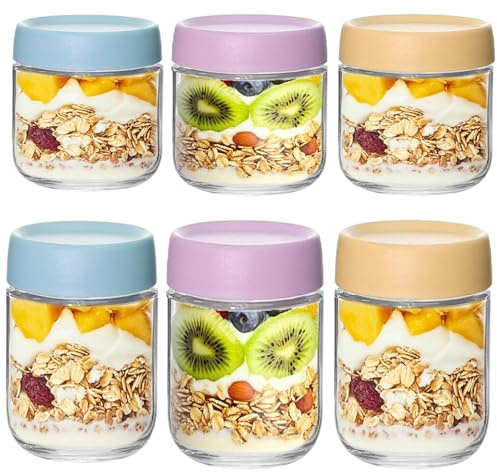 Jinavoty Lot de 6 bocaux à avoine en verre de 500 ml + 300 ml avec couvercle, récipient à avoine pour collation, yaourt parfait (500 + 300 ml)