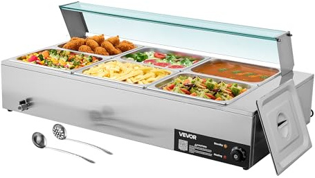 VEVOR Chauffe-Plat Électrique à Vapeur 1500 W, Buffet Chauffant en INOX, Bain-Marie avec 6 Bacs de 1/2, Couvercle en Verre et Louches à Soupe et Perforées, pour Servir Buffet en Libre-Service
