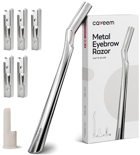 CAVEEM Rasoir Sourcil, Rasoir Visage Métal pour Femme et Homme, Dermaplaning Visage, Éliminer Duvet et Peaux Mortes, Lames Inox 6 Recharges, Argent Mat