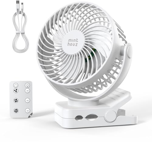 Minthouz USB Tischventilator leise mit 12000mAh Ventilator Akku – Tragbarer Clip-Ventilator mit Fernbedienung, Licht, Timer, 360° drehbar, 3 Stufen, 45 Std. Laufzeit – für Camping, Büro, Kinderwagen