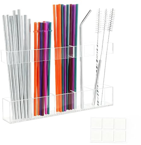 Acrylic Straw Holder Organiser, Reusable Straws Organizer Storage Container Dispenser, for Kitchen Counter Cupboard Refrigerator