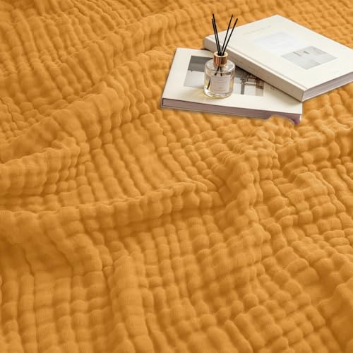 bechoanigel Musselin Decke 150x200 cm – 100% Baumwolle, 6-Lagige Weiche Sommerdecke, Atmungsaktive Dünne Kuscheldecke für Bett & Sofa, Tagesdecke Couch Überwurf (Senfgelb)