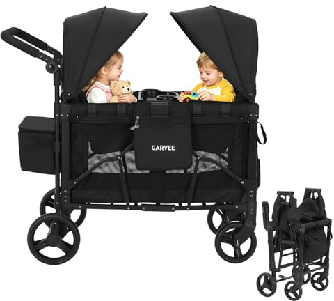 Wagon for Kids to Sit in, Stroller Wagon for 2 Kids with Removable Canopy, Adjustable Push/Pull Handle, Snack Tray, 5-Point Harness, Swivel & Fixed Wheels, One-Step Brake, for Beach, Park, Outdoor