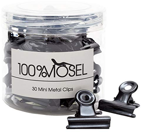 100% Mosel Miniklämmor i metall, 30 st, i svart | Eleganta bulldogklämmor i metall, pappersklämmor & organiser för dokument, kontor & kök, fin förpackning för presenter