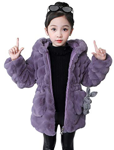 DorkasDE Mädchen Mantel Winterjacke Kunstpelz Jacke Fellmantel Warm Jacke mit Kapuze(Lila,EU 134/140 (Etikett 150)