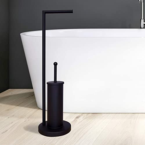 Stand WC-Garnitur in schwarz, Toilettenpapierständer aus mattem Edelstahl mit Bürstenhalter, Montage ohne Bohren, rostfrei, freistehender WC-Toilettenpapierhalter, 2-in-1-Kombination
