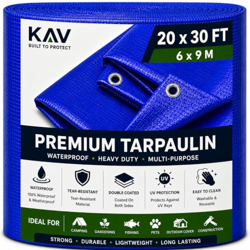 KAV - Tarpaulin waterproof heavy duty 130 GSM LARGE - 6M x 9 M (20ftx 30 FT) with Eyelets ground sheet Multifunctional Quality Cover Tarp (Blue)