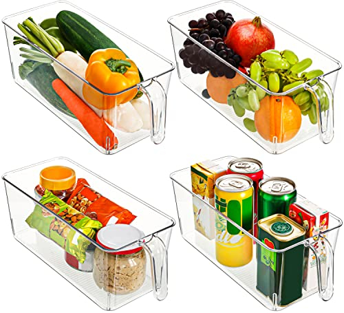 Kurtzy Kitchen Fridge & Cupboard Storage Containers with Handles (4 Pack) - 31.2cm/12.28 Inches Overall Length - Clear Plastic Refrigerator Tubs for Bathroom, Pantry, Drawer, Freezer and Home