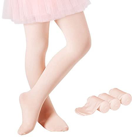 Smilore 3 Pack Girls Tights Microfiber Kids School Footed Soft Ballet Dance Pantyhose Fleshy Pink 4-6 Years