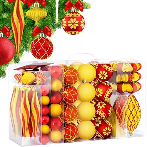 KESSER® Weihnachtskugeln 135-teiliges Set, mit Baumspitze Christbaumkugeln Kunststoff Bruchsicher mit Plastik Weihnachtsbaumkugeln Box Weihnachtsbaum Deko & Christbaumschmuck, Rot/Gold