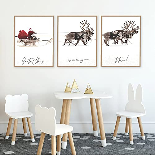 Trayosin 3er Weihnachten Premium Poster Set Moderne Kunstdrucke Weihnachtsmann Rentier mit Schlitten Art Bilder,Wandbilder Wohnzimmer Schlafzimmer,Deko Wandposter OHNE Rahmen (21x30cm)