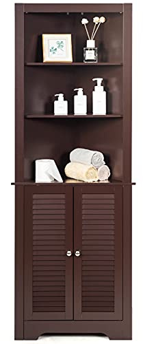 COSTWAY Bathroom Tall Cabinet, Freestanding Corner Storage Cupboard with Shutter Door and Adjustable Shelf, Wooden High Triangle Bathroom Floor Cabinet Unit for Living Room Kitchen Hallway (Espresso)