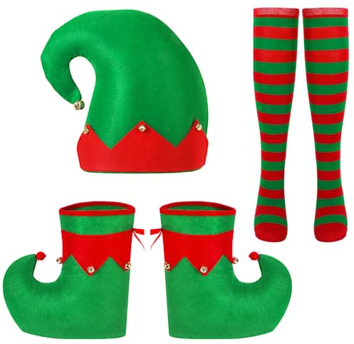 Hifot Costume Elfo Uomo Donna Cappello Elfo Calze Elfo Scarpe Elfo con Campane Vestito Elfo Vestiti Natale Accessori Elfo Cosplay Festa di Natale per Adulto