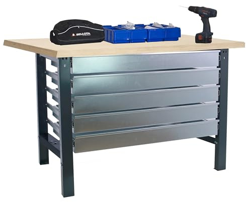 SimonRack Werkbank 600 kg Belastbarkeit, 86,5x150x75 cm, 5 Schubladen, Große Arbeitsfläche Arbeitsfläche, Arbeitstisch, Holz-Arbeitsplatte, Anthrazit/Holz MDF - BT6