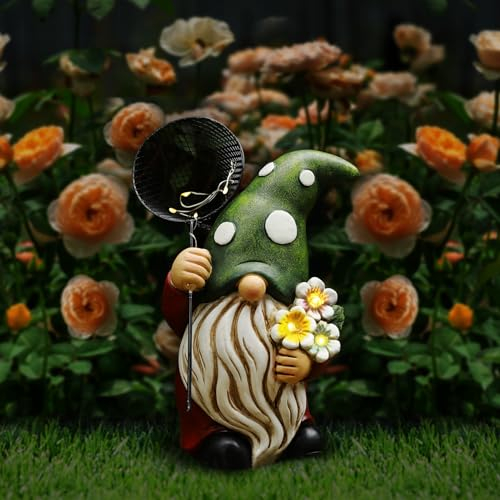 Lewondr Statua di Gnomo da Giardino, Scultura di Gnomo in Resina Impermeabile con Fiori in Rete, Decorazione Solare da Giardino con Luce Calda, Decorazione Natalizia per Prato Cortile Patio Portico