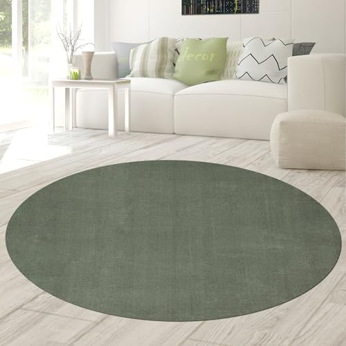 Teppich-Traum Moderner Teppich Rund Waschbar Einfarbig Dunkelgrün Ø 120 cm | Flauschig und weich, bis 30 °C waschbar, pflegeleicht, rutschfest, langlebig, saugrobotergeeignet, Wohn- & Gästezimmer
