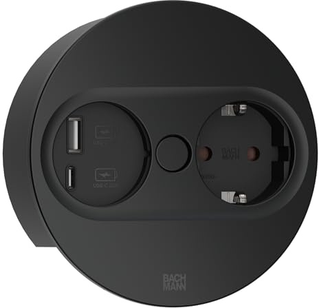 BACHMANN Twist 2 946.104 - Enchufe empotrable (Redondo, 1 Enchufe con USB A y USB C, Cable de 2 m, para Cocina y Oficina, Color Negro 946.104)