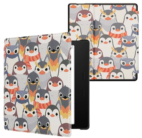 kwmobile Schutzhülle für Amazon Kindle Oasis 10. Generation Hülle - eReader Flip Case mit Auto Sleep Funktion - Pinguine mit Grau Gelb Braun