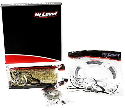 Hi Level chain & sprocket kit compatible with Honda CG125ES 2004, 2005, 2006, 2007, 2008, includes 428H-116, 428 pitch, 116 link, heavy duty gold chain and sprocket with 14 teeth front, 45 teeth rear