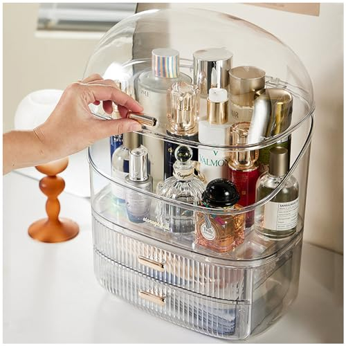 Transparent Makeup Organiser, Dustproof Cosmetic Storage Box with Lid and Drawers, Skincare Organiser Beauty Caddy for Dressing Table Bedroom Bathroom (Transparence)