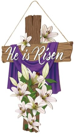 Marooma He Is Risen Dörrskylt,Påskblommor Dörrdekoration,Christian Wood Dörrhängare,Verandavägg Vårdekor, Bondgård Påskkrans Trähängareskylt för Ytterdörr för Hem Inomhus Utomhus