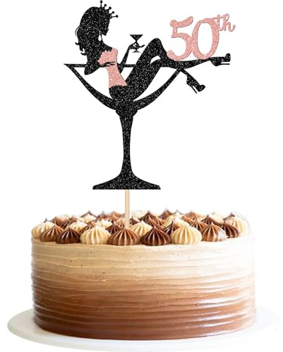 1 Stück 50th Sitzendes Mädchen Tortendeko, Geburtstag Cake Topper Glitter High Heel Kuchen Deko für Lady Spa Bachelorette Thema Party Dekorationen Roségold