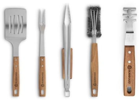 BURNHARD® Grillbesteck-Set 5-TLG. 42 cm, Akazienholz Edelstahl | Grillzubehör mit Grillzange, Grillwender, Fleischgabel, Grillbürste und Rostheber