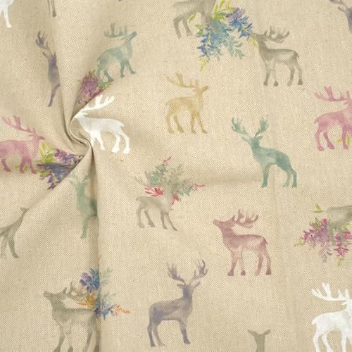 STOFFKONTOR Dekostoff Stoff Bedruckt Hirsche - Meterware, Farbe Natur - zum Nähen von Tischwäsche, Kissen, Vorhängen, Dekoartikeln UVM.