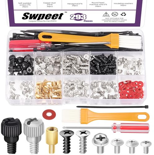 Swpeet 293Pcs Computer Screws Motherboard Standoffs Screws with Screwdriver and Cleaning Brush Assortment Kit, PC Computer Screws Kit Set for Mainboard, Hard Drive HDD Hard Drive PC Fan Power
