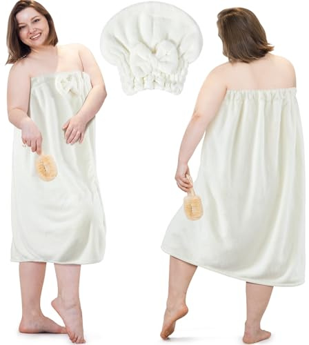 Xtinmee 2 juegos de toallas envolventes para mujer con toalla para el pelo, toalla de baño, toalla de ducha, toalla de spa, para bata de baño de mujer (blanco, talla grande)