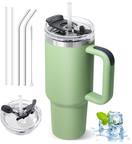 ZAKVOP Thermobecher mit Strohhalm, 1200ml Trinkbecher mit Deckel und Strohhalm, Isolierbecher mit Henkel, Kaffeebecher to Go Thermo für Kaltes und Heißes, Tumbler Cup Travel Mug mit 2 in 1Deckel