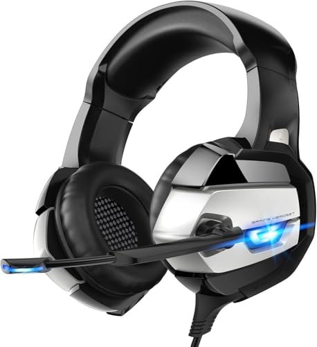 Accessotech Gaming Headset with Microphone Stereo Surround Sound Headphones for PC, Laptop, PS4, Xbox One, PS5, Nintendo Switch LED USB Mic