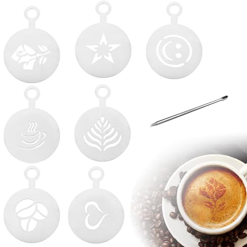 7 Stück Kaffee Schablonen Edelstahl, latte Art Schablone, Schablonen Kaffeeschaum, Kaffeeschablone für Latte Macchiato, Espresso & Milchschaum Dekoration