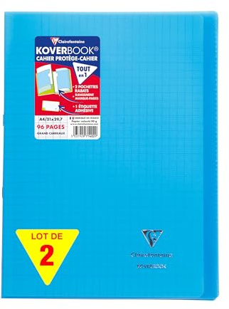 Clairefontaine 971402AMZC Lot de 2 Cahiers Agrafés Koverbook - A4 21x29,7 cm - 96 Pages Grands Carreaux - Papier Blanc 90 g - Couvertures Polypro bleu