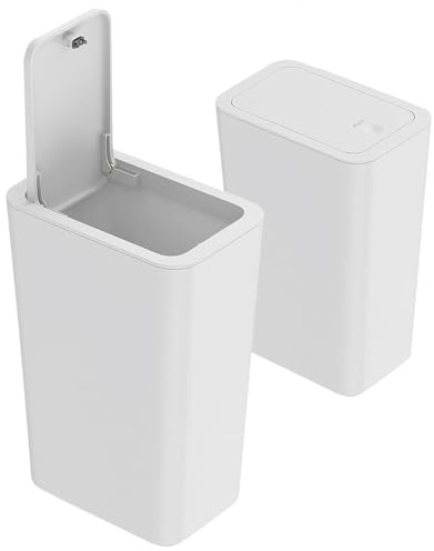 9L Push Button Plastic Bin With Lid - 2 Pack Multi-Purpose Container for Bathroom, Kitchen, Bedroom, Office, Living Room - Dog Proof (White)