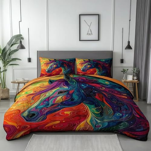 Completo letto reversibile con copripiumino e federe fantasia Vortici Astratti Cavalli Set di decorazioni per la stanza degli adolescenti 260 x 240 cm Colore Arancione