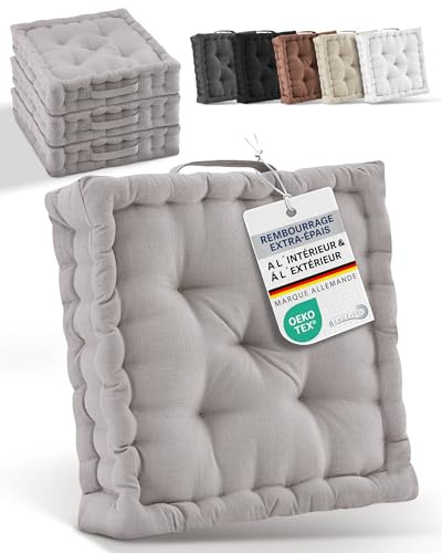 Beautissu Set di 4 cuscini da pavimento 40x40 cm - Cuscino materasso spesso 8cm - 100% cotone cuscino per sedia da interno e da esterno cuscino da pavimento con maniglia cuscino tortora - Mila