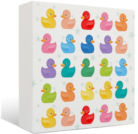 Nrleey Colorful Duck Bathroom Decor - Funny Rubber Duck Wooden Box Sign, Toddler Bathroom Decor, 5 X 5 Inches