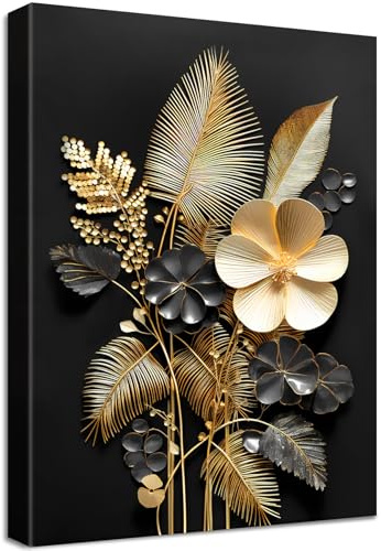 3D Schwarzgold Blumen Leinwand Bilder Mit Rahmen Tropische Kokosnussblätter Blumensträuße Bild Wandbilder Kunstdruck auf Leinwand Malerei Wohnzimmer Korridor Schlafzimmer Badezimmer Wanddekor 30x40cm