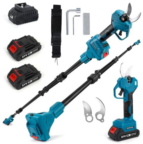Grensax med 2 x batteri och förlängningsstång, max. Öppning 60 mm, 40 mm skärdiameter, LCD-display elektrisk grensax kompatibel med Makita 18 V, för grenar, blommor